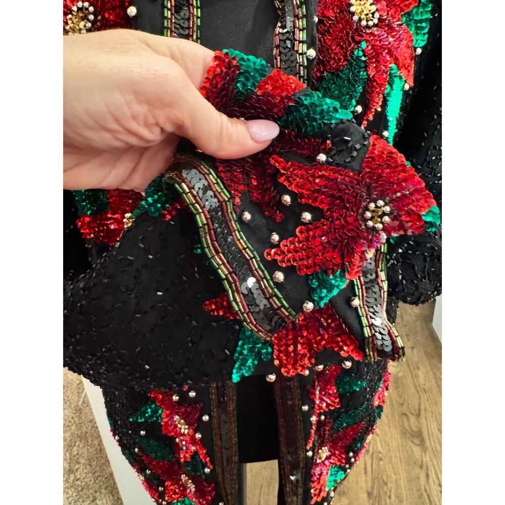 VTG Carina Black Beaded Sequin Blazer Floral Statement Holiday Jacket Size M - Picture 5 of 7